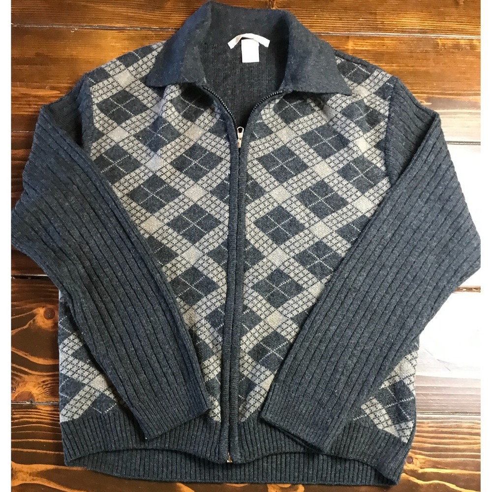 Perry Ellis Sweater, Men's Size XL, Gray, Tan, Full Zip, Wool Blend